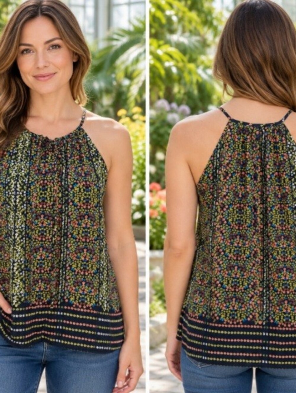 Collective Concepts Black Multi Color Floral Halter Style Top Small